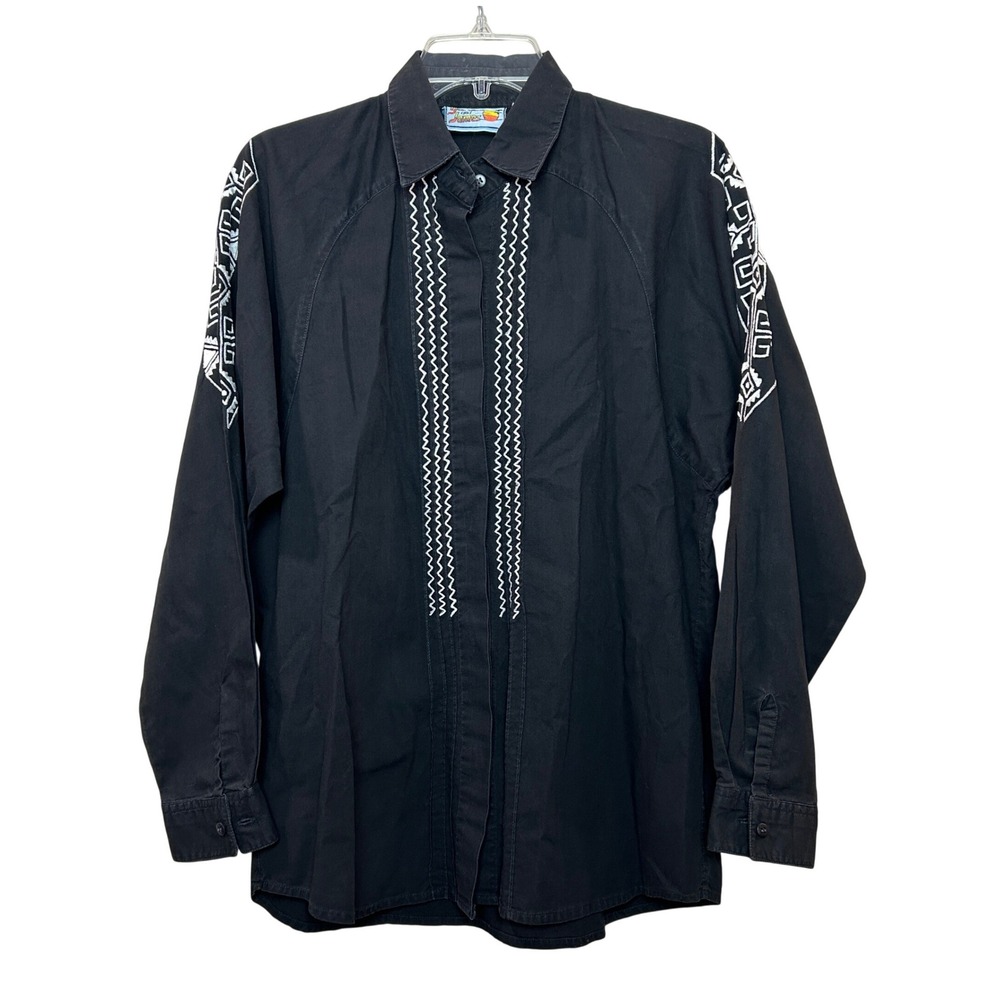 y2k Button Down Shirt Womens Large Black Embroidered Festival Cotton Tribal
